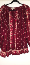 Lucky Brand Women's Plus 1X Burgundy Floral Woven V-Neck Long Sleeve Tie Blouse