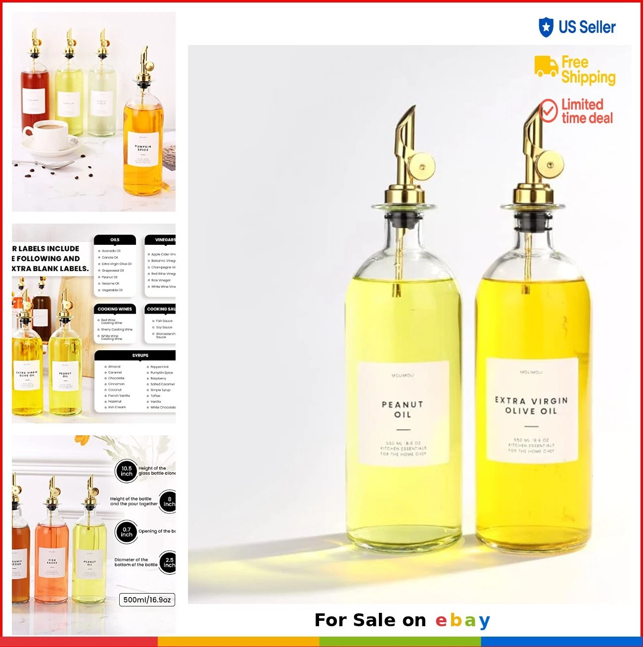 Oil and Vinegar Dispenser Set 2 Glass Bottles 16.9oz Each Gold Pourer Label Kit