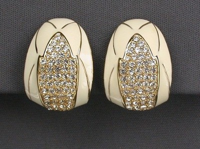 Ciner Cream Enamel & Pave Rhinestone Clip Earrings