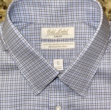 Roundtree  Yorke Gold Label Men  s Blue Check Slim Fit Dress Shirt Sz 17x34 NWT