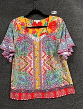 Umgee Mixed Floral Paisley Top Womens Size S Boho Ruffle Patchwork Colorful