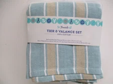 Farmhouse Blue & Tan Stripe Window Tier & Valance SET - Cottage Chic