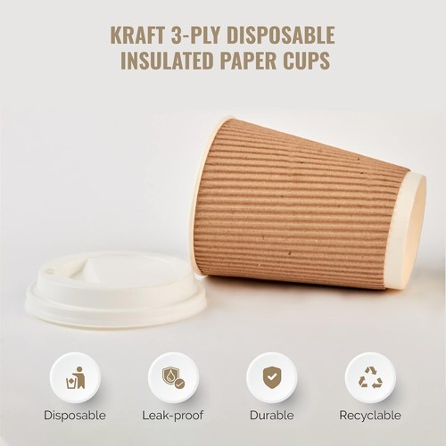 150 x 12oz Disposable Coffee Cups 3 PLY Kraft Ripple Paper Cup Hot & Cold Drinks - Picture 13 of 21