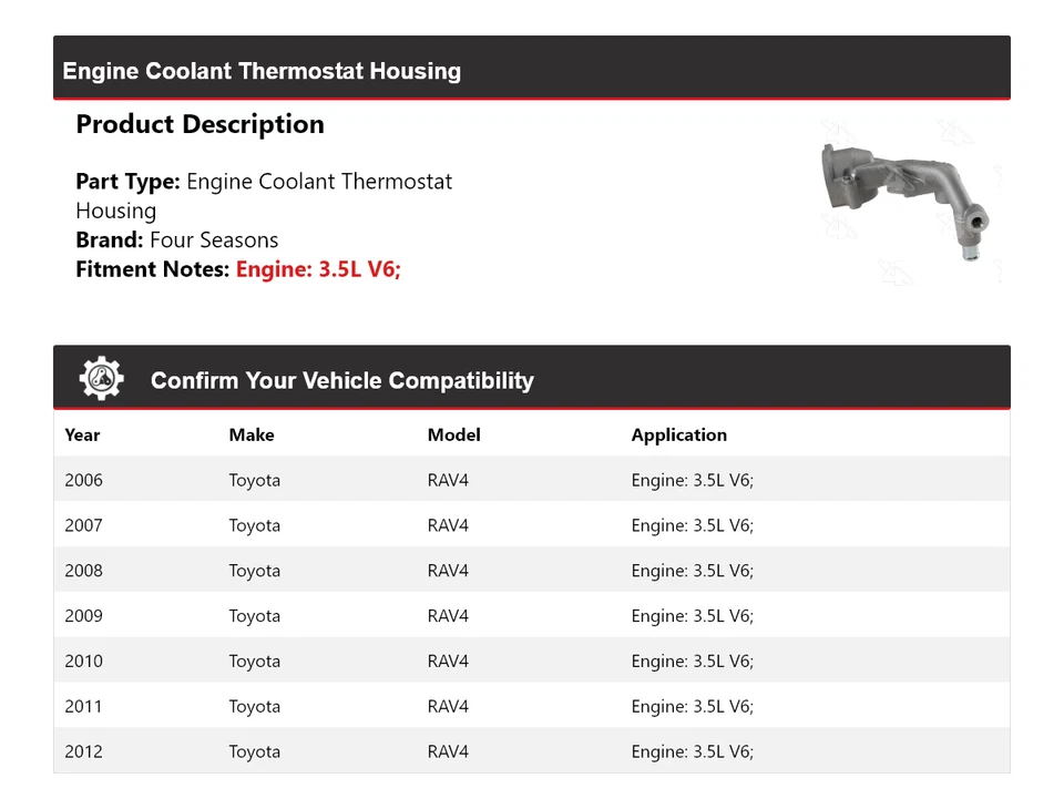适用于 2006 - 2012 年丰田 RAV4 3.5L V6 发动机冷却液恒温器外壳 4 季 — 第 2/4 张图片