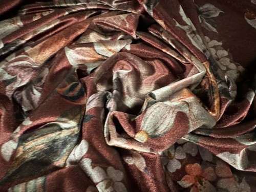 Stretch Spandex Velvet Fabric, Per Metre - Lily Floral Print - Chestnut Brown - Picture 4 of 4