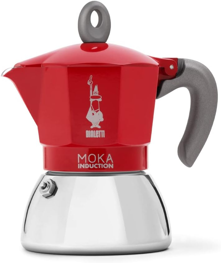 Bialetti Caffettiera Moka Induction, 4 Tazze (150 ml), Design Elegante, Rosso