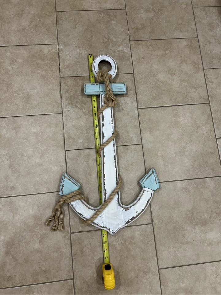 28" Pintado a Mano Blanco Azul Arañado Ancla Madera Capitán Barco Piratas Decoración Foto 2 de 3