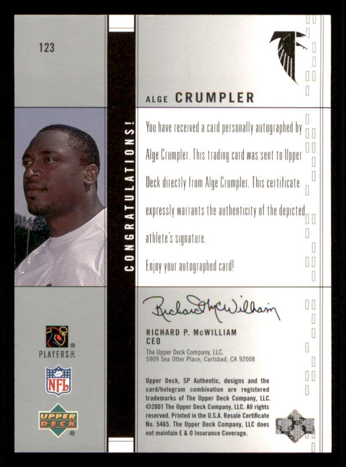 2001 SP Authentic #123 Alge Crumpler AU RC /550 - Image 2 of 2