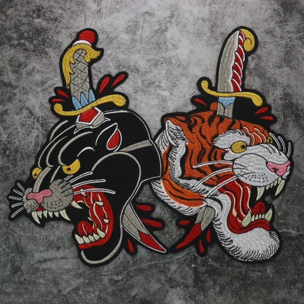 2Pcs Leopard and Dagger Sword Embroidered Patches Iron On Sewing DIY Clothing