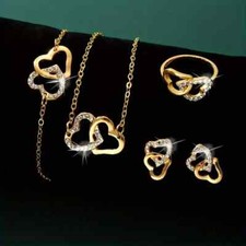 4Pc Golden Double Hollow Heart Design Rhinestones Inlaid Jewelry Set Women Gift