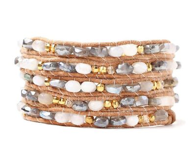 Chan Luu White Green Iridescent Mineral Stone Beige Leather