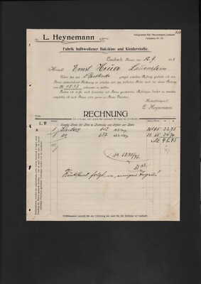 Laubach, invoice 1913, L. Heynemann factory half wool Bukskins dress fabrics 