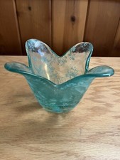 Vintage Art Glass Turquoise Etched/Frosted Tulip Candle Holder