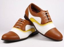 Brown Yellow White Perforated Boy's Kids Lace Up Cap Toe Oxford Dress Shoes