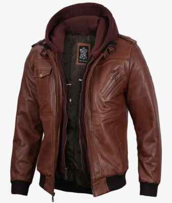 Braune Herren Leder Bomberjacke mit abnehmbarer Kapuze 3XL