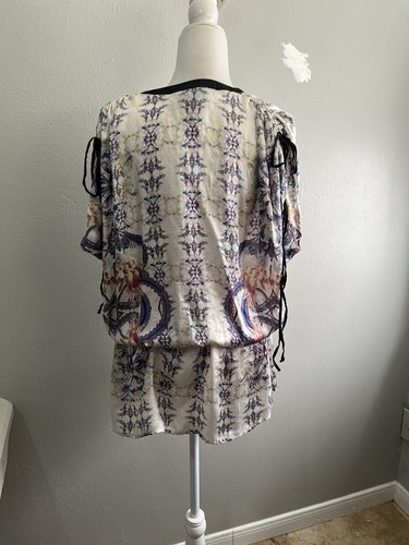 Zara Floral Silk Tunic Blouse Women Small Waist Drawstring Rushed Sleeves - Picture 7 of 13