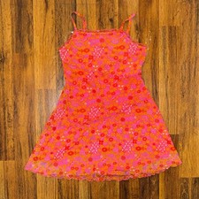 Wild Fable Pink Floral Mesh Mini Dress Medium Y2K Retro Lettuce Edge Trim