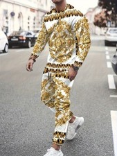 Men'S Plus Size Long Sleeve  Pants Two-Piece Set - High-Stretch Fabric with Gol