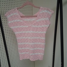 Vintage 80s Chenille Knit Top Pink White Stripe Pastel Cozy Retro Sweater Medium