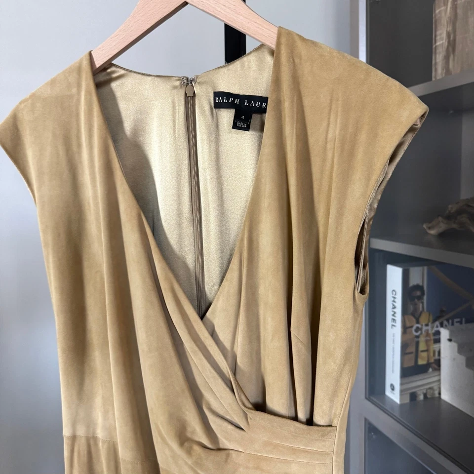 Ralph Lauren Black Label Tan Suede Wrap Dress 4 NEW Lamb Leather Mini Cap Sleeve - Image 2 of 4