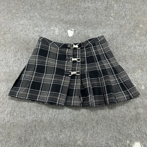 VINTAGE Rave Mini Skirt Womens 7 Black Gray Plaid Pleated Cotton Club Micro Y2K