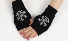 Rhinestone Snowflake Fingerless Gloves Black Sparkly Winter Warm Christmas Gift