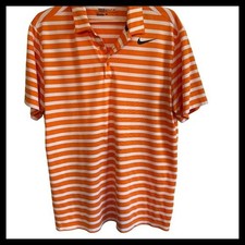 Nike Golf Dri-FIT Polo Shirt Mens Large Orange White Striped Standard Fit