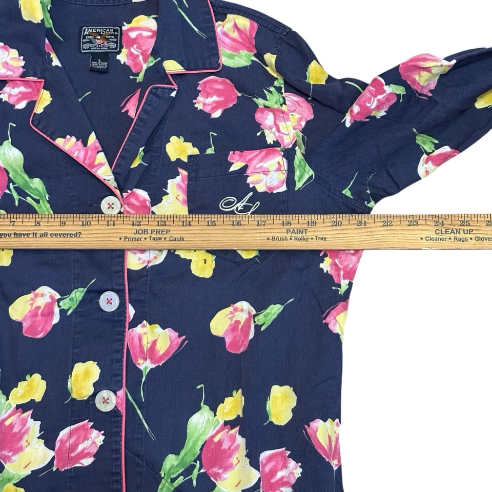 Conjunto de Pijama American Living Top Pantalones Capri Botones Azul Floral Cintura Elástica Lg Foto 4 de 4