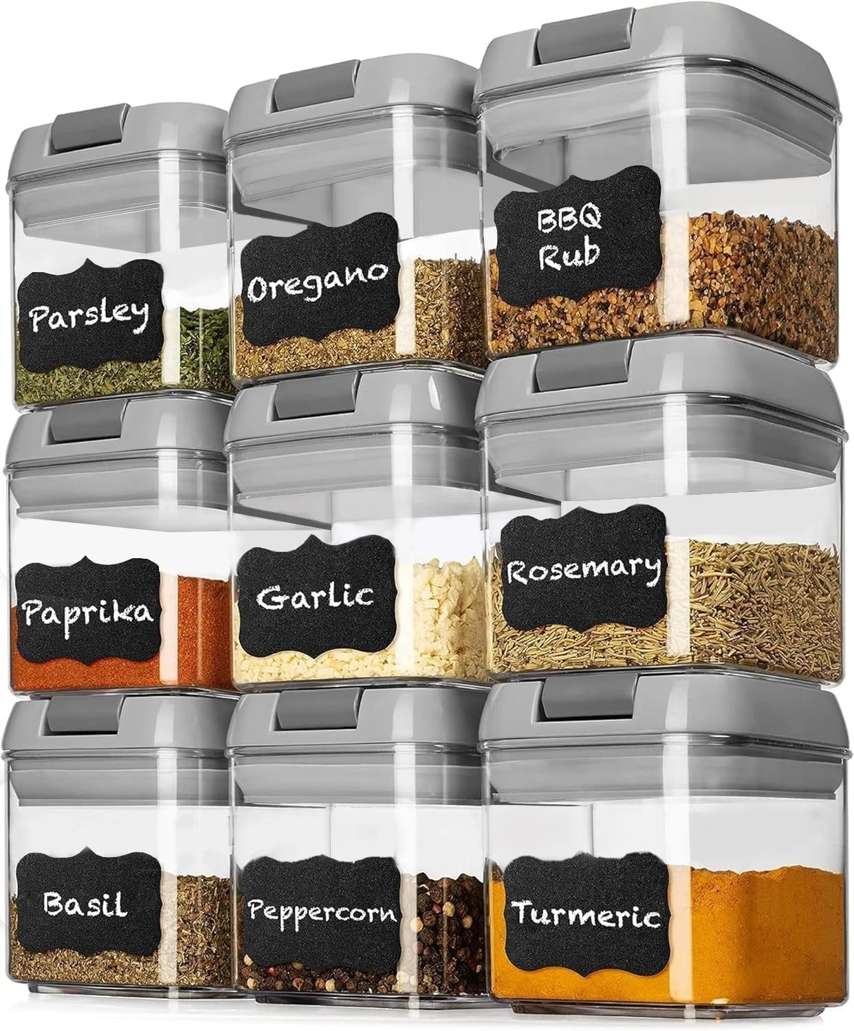 9 PC Airtight Food Storage Containers - BPA Free Clear Plastic Snack & Spice Con