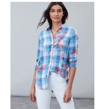 Joules 100% Linen Plaid Floral Print Button Down Shirt Size US 8 Blue Preppy