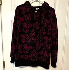 Disney Mickey Mouse Black Pink All-Over Graphic Print Fleece Zip Hoodie Women L