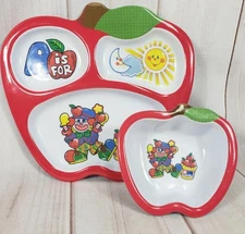 Vintage Melamine Child Dishes Plate Bowl Alphabet Clown US Healthcare Set Apple