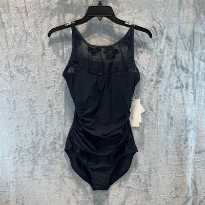 Beyond Control Womens Black Tummy Control Mesh Floral One Piece Swimsuit Size 6