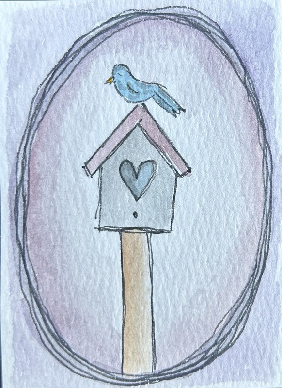 ACEO Original Garden Birdhouse Watercolor #3 Of Set Of 5 Purple Blue Bird Mini