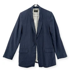 T Tahari Linen Blazer Womens Medium Navy Blue Open Front Lined Long Sleeve