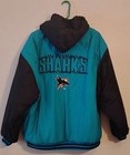 Official San Jose Sharks NHL Hockey Hooded Jacket Teal/Black Full Zip Snap Front — photo 1