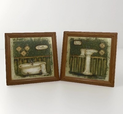 2 pc Grace Pullen Framed Bathroom Art Prints Wall Hanging Bathtub Sink 12  x 12 