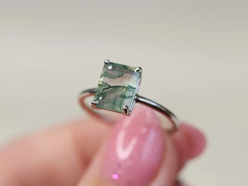 9x7 Emerald Cut Moss Agate Solitaire Faceted Ring Vintage Engagement Jewelry - Picture 9 of 10