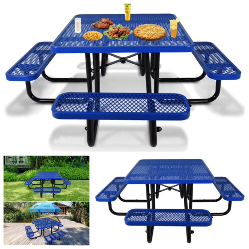 46" Expanded Metal Picnic Table with Umbrella Hole Heavy Duty Square Table