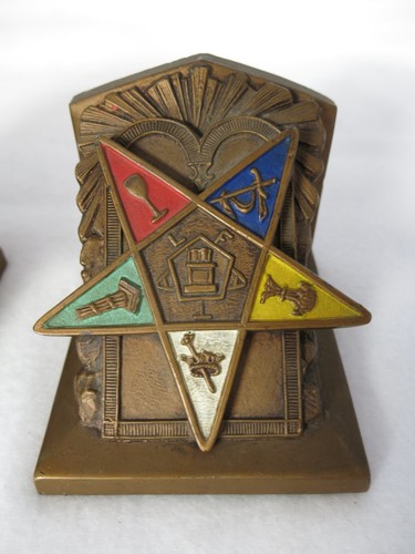 SIGNED 1922 LV ARONSON ORDER OF THE EASTERN STAR MASONIC BOOKENDS METAL ENAMEL - Picture 3 of 13