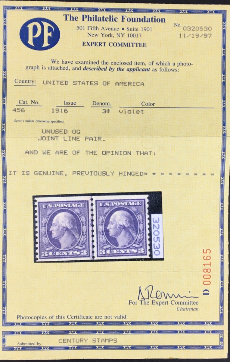 MOMEN: US STAMPS #456 LINE PAIR MINT OG VVLH 2 PSE & 1 PF CERTS VF