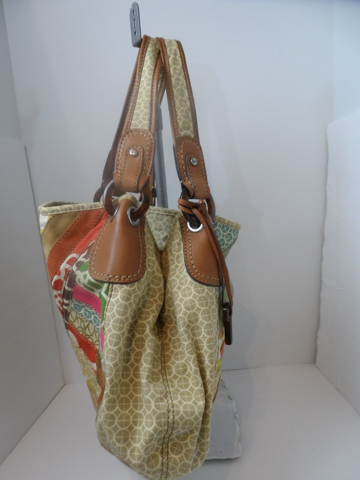 FOSSIL Satchel Hobo Handbag Patchwork Fabric/Sued… - image 5