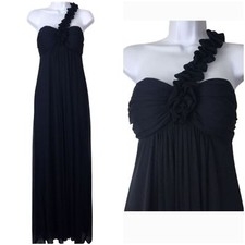Betsy  Adam Formal Gown Dress 6 Navy Blue Rose Rosette Asymmetrical Evening