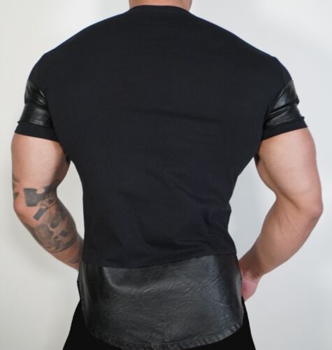 BLACK SHORT SLEEVE T-SHIRT WITH FAUX LEATHER TRIM MEDIUM - Picture 4 of 4