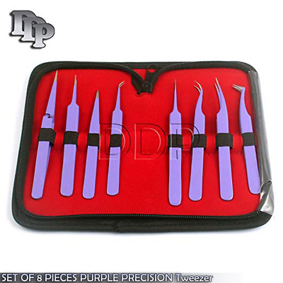 SET OF 8 PIECES PURPLE PRECISION NON-MAGNETIC ANTI-STATIC ESD TWEEZER STAINLESS 