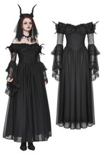Dark In Love Women Black Gothic Punk Feather Floral Elegant Long Chiffon Dress