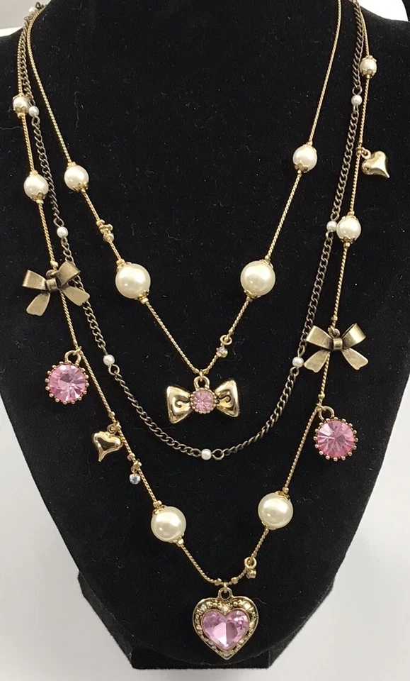 Collar Betsey Johnson Arco Cristal Rosa Corazón Perla Oro Bronce Capas. #1168