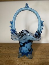 Vintage Glass Bon Bon Dish with Blue Handle and Abstract Pattern Romanian