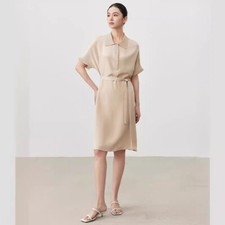 Summer New Womens Mulberry Silk Dress Collar Loose Fashion Silk Waist Long Skirt