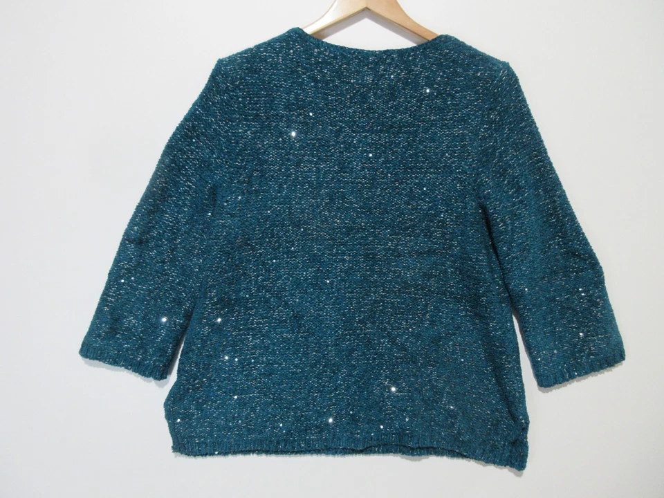 Sz 2P (LP) L Petite Chicos Sweater Sequin Embellished 3/4 Sleeve Green Side Slit - Image 4 of 4